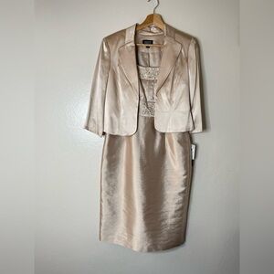 Adrianna Papell tailored champagne Embellished Beaded 2 piece set jacket & Dress